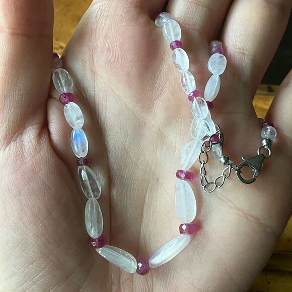 Natural Rainbow Moonstone Ruby Sterling Silver Beaded Necklace - Picture 4 of 10